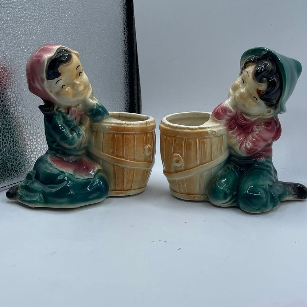 Vintage Royal Copley Girl & Boy barrel platers. Midcentury